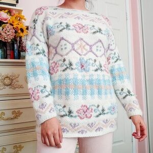 Express Tricot Vintage 90’s Floral Angora Silk Blend Sweater Size S